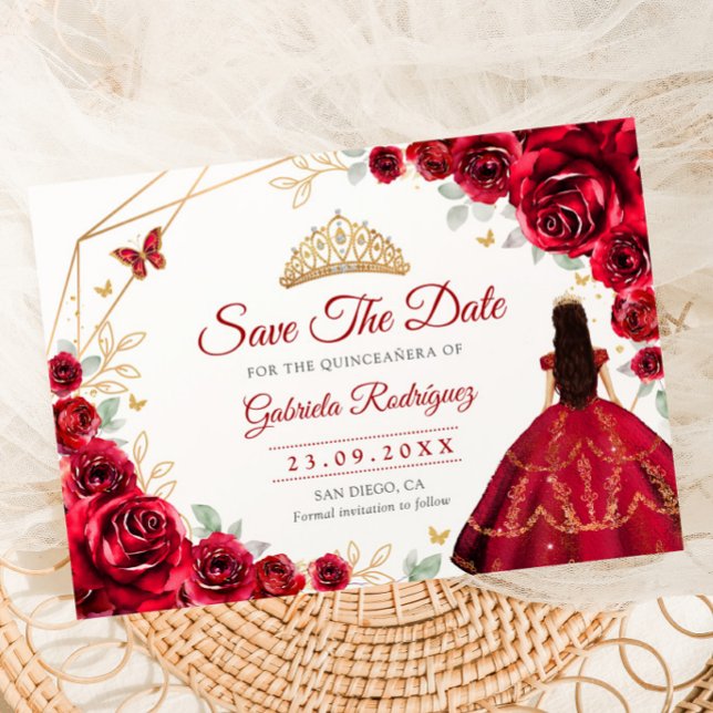 Quinceanera Princess Red Roses Gold Save The Date (Creator Uploaded)