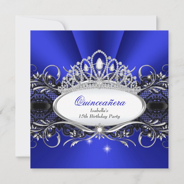 QUINCEANERA Princess Royal Blue Diamond Tiara lace Invitation (Front)