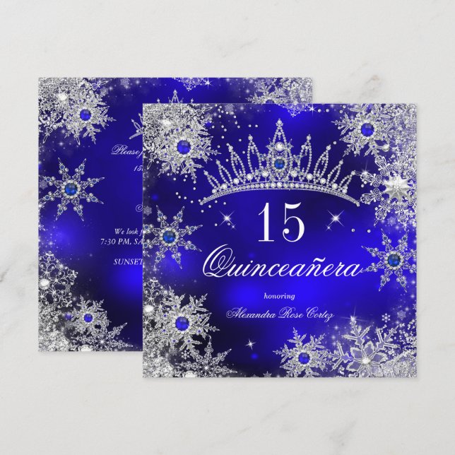 Quinceanera Princess Royal Blue Snowflake Tiara Invitation (Front/Back)