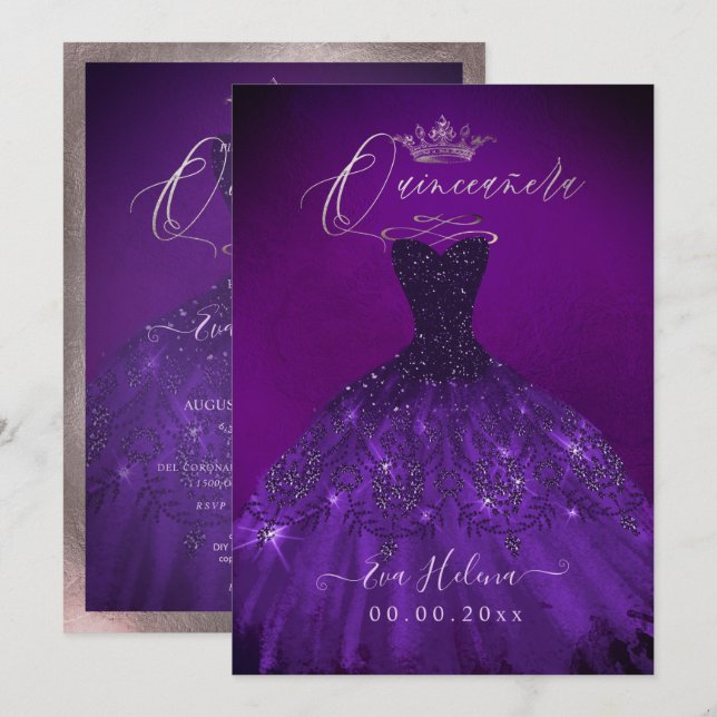 Quinceañera, Princess Sparkle Gown Aubergine Invitation (Front/Back)