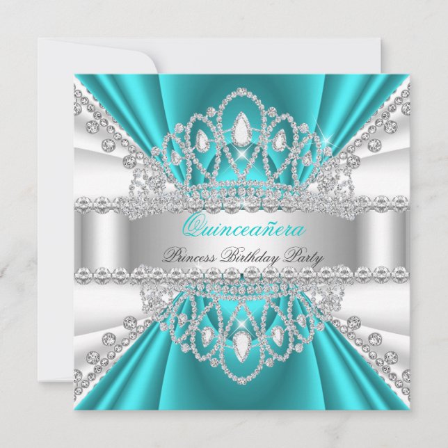 Quinceanera Princess Teal Blue White Diamond Tiara Invitation (Front)