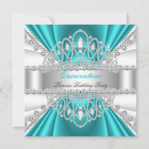 Quinceanera Princess Teal Blue White Diamond Tiara Invitation