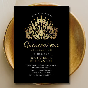 Quinceañera Princess Tiara Crown Black Gold Invitation