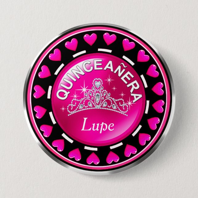 Quinceanera Princess Tiara Love Hearts | hot pink 7.5 Cm Round Badge (Front)