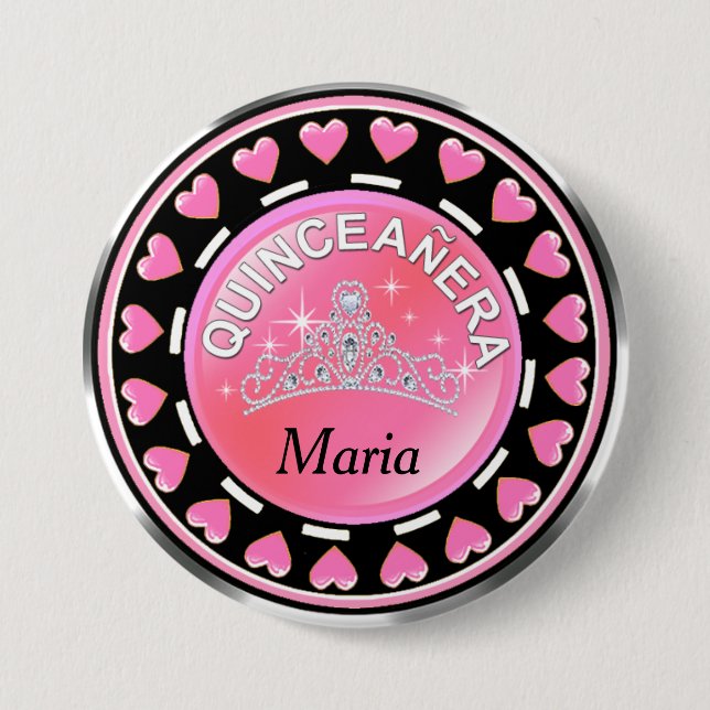 Quinceanera Princess Tiara Love Hearts | pink 7.5 Cm Round Badge (Front)