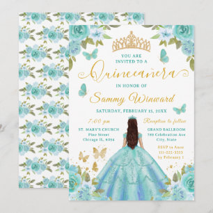 Quinceañera Princess Turquoise Floral Gold Tiara Invitation