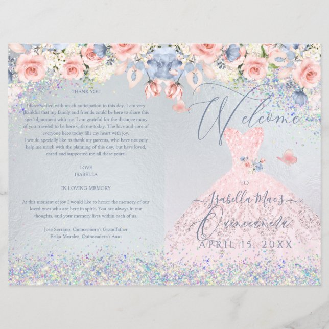 Quinceanera Program Blush Pink Floral Glitter Gown (Front)