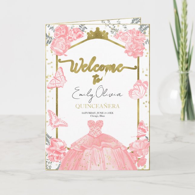 Quinceanera Programs Pink Dress Floral Gold Foil Programme (Front)