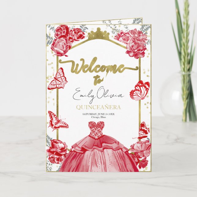 Quinceanera Programs Red Dress Floral Gold Foil Programme (Front)