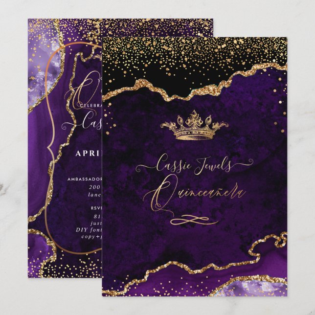 Quinceanera, Purple Agate Faux Gold Confetti Invit Invitation (Front/Back)