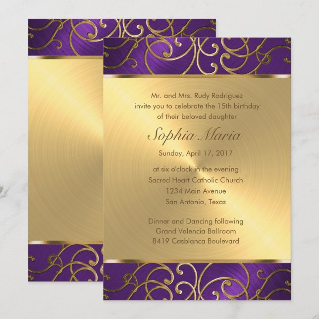 Quinceanera Purple and Gold Filigree Swirls Invitation (Front/Back)