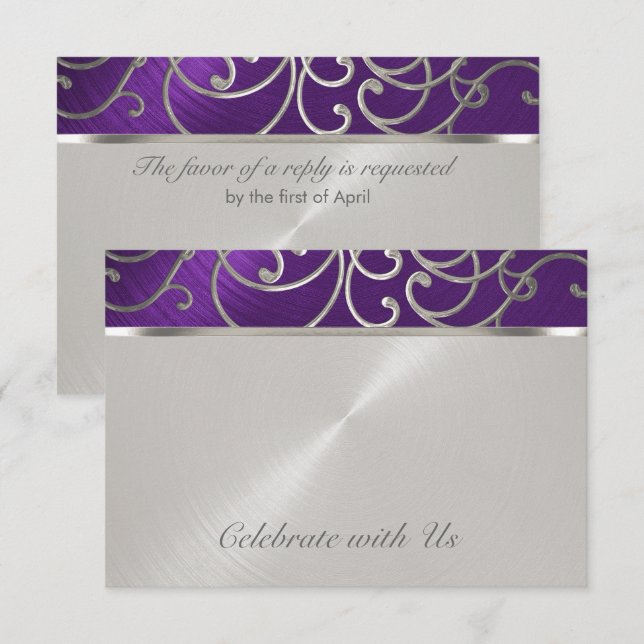 Quinceanera Purple and Silver Filigree Swirls Invitation (Front/Back)