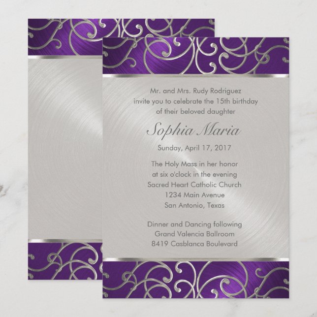 Quinceanera Purple and Silver Filigree Swirls Invitation (Front/Back)