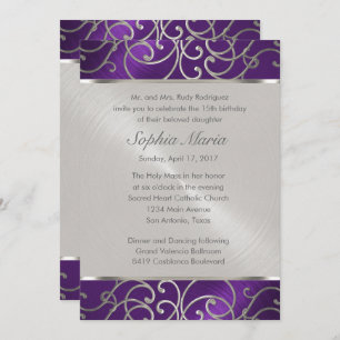 Quinceanera Purple and Silver Filigree Swirls Invitation