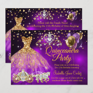 Quinceanera Purple Balloons Dress Tiara Carriage Invitation