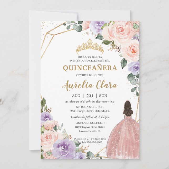 Quinceañera Purple Blush Floral Rose Gold Dress Invitation (Front)