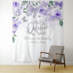 Quinceanera Purple Butterflies Floral Backdrop Tapestry