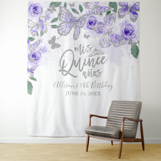 Quinceanera Purple Butterflies Floral Backdrop Tapestry (In Situ)