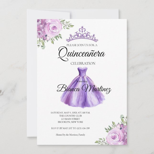 Quinceanera Purple Dress Mis Quince Invitation (Front)