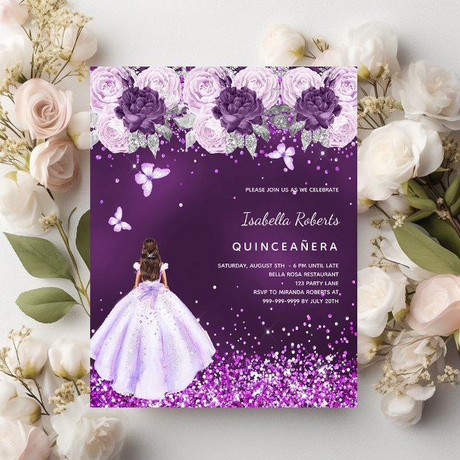 Quinceanera purple dress pink florals invitation (Creator Uploaded)