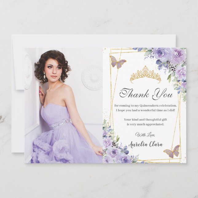 Quinceañera Purple Floral Butterflies 16 Birthday Thank You Card (Front)