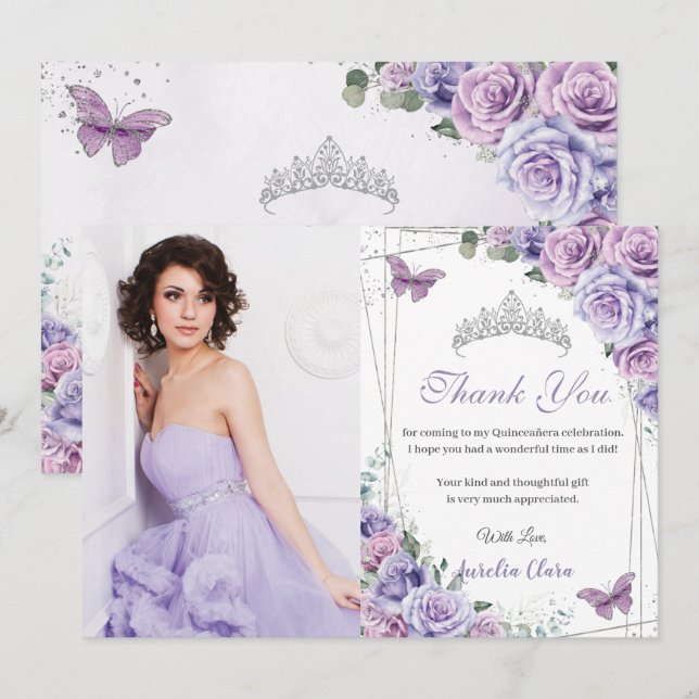 Quinceañera Purple Floral Butterflies 16 Birthday  Thank You Card (Front/Back)