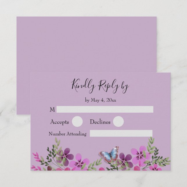 Quinceanera Purple Floral Butterfly RSVP Reply  (Front/Back)