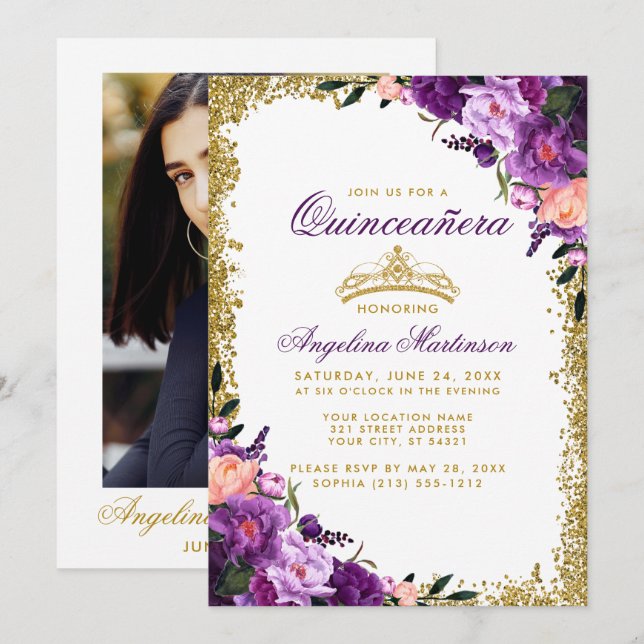 Quinceanera Purple Floral Crown Glitter Photo Back Invitation (Front/Back)