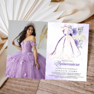 Quinceañera Purple Floral Dress 15th Birthday Invitation
