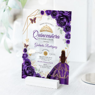 Quinceanera Purple Floral Dress Gold Acrylic Invitations