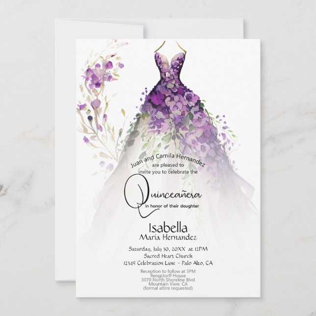 Quinceañera | Purple Floral Dress  Invitation (Front)