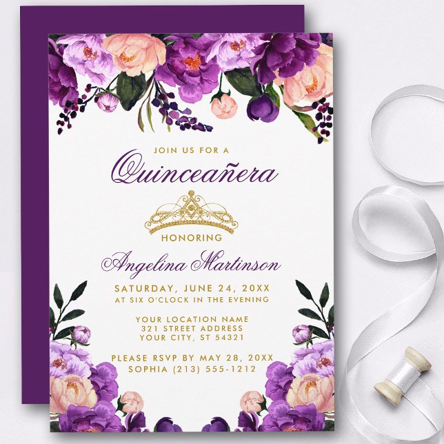 Quinceanera Purple Floral Gold Crown Invitation (Customize to change text color, style, add text & photos to back or change color of back of card.)