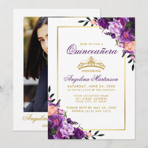 Quinceanera Purple Floral Gold Crown Photo Back Invitation
