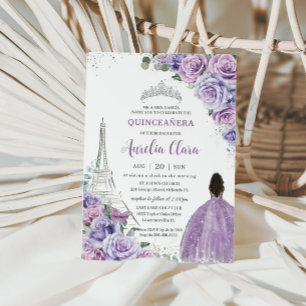Quinceañera Purple Floral Paris Eiffel Brown Girl Invitation