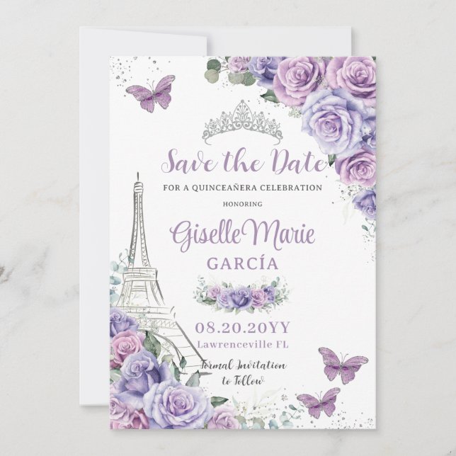 Quinceañera Purple Floral Paris Eiffel Butterflies Save The Date (Front)