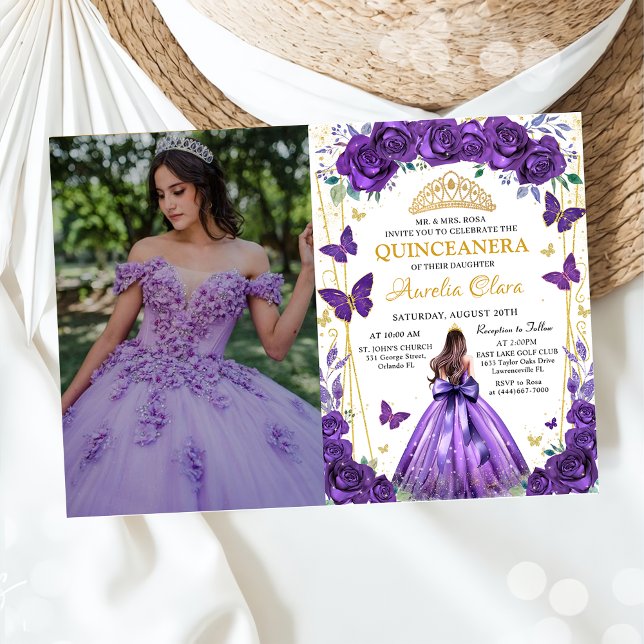 Quinceañera Purple Floral Princess Butterflies Invitation (Creator Uploaded)