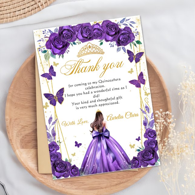 Quinceañera Purple Floral Princess Butterflies Thank You Card (Creator Uploaded)
