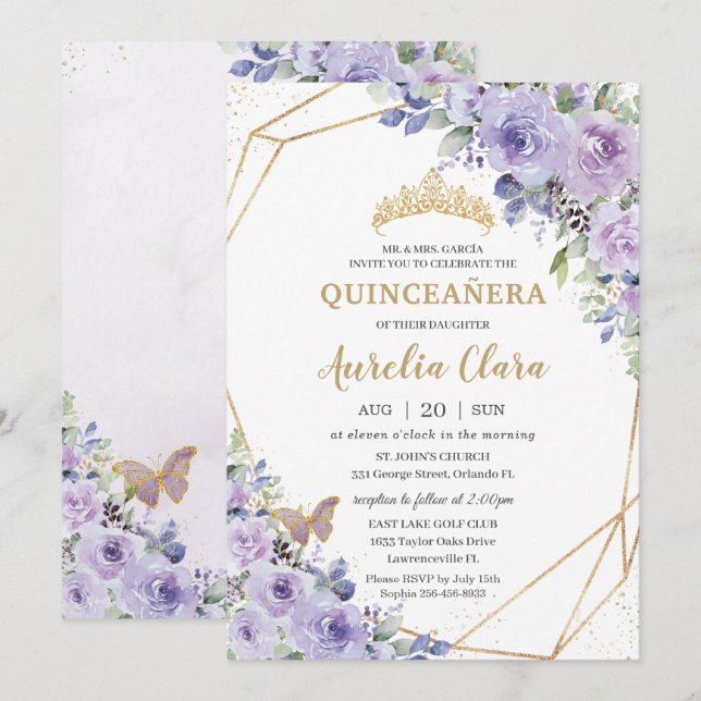 Quinceañera Purple Floral Princess Crown Butterfly Invitation (Front/Back)