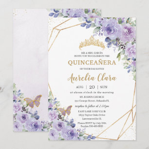 Quinceañera Purple Floral Princess Crown Butterfly Invitation