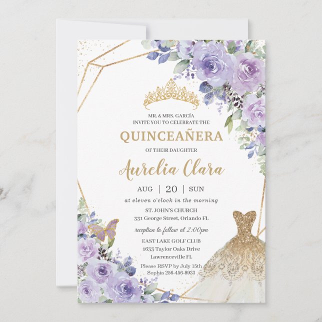 Quinceañera Purple Floral Princess Gold Gown Tiara Invitation (Front)