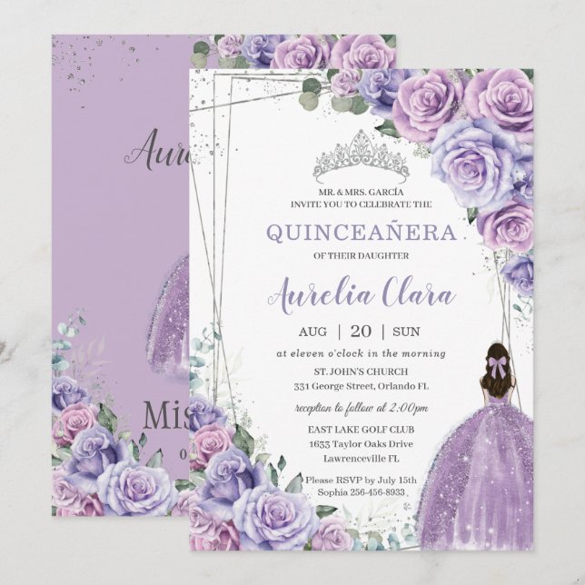 Quinceañera Purple Floral Princess Silver Birthday Invitation (Front/Back)