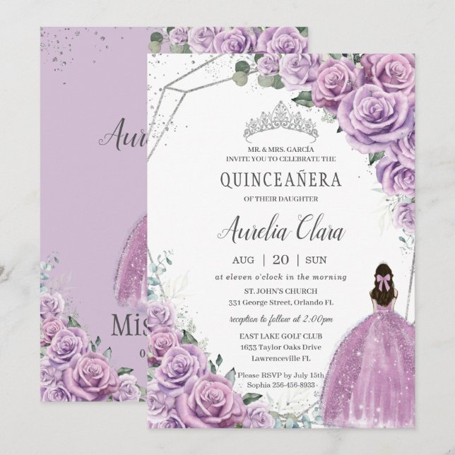 Quinceañera Purple Floral Princess Silver Birthday Invitation (Front/Back)