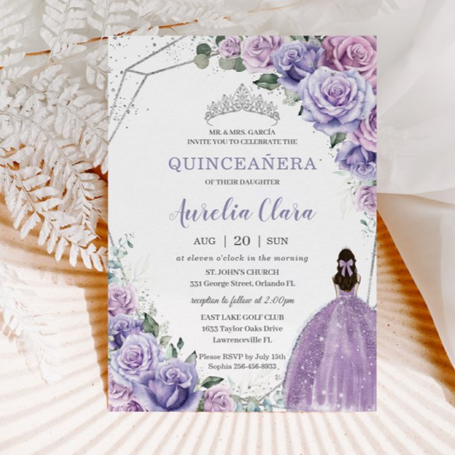 Quinceañera Purple Floral Princess Silver Birthday Invitation (Creator Uploaded)