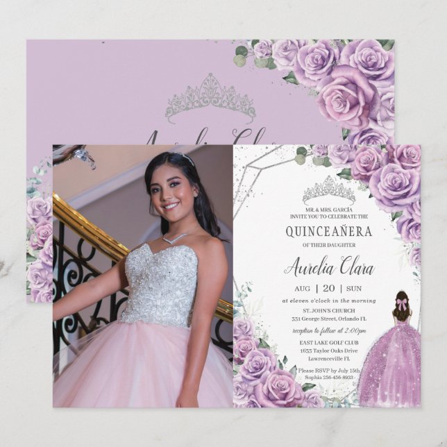 Quinceañera Purple Floral Princess Silver Birthday Invitation (Front/Back)