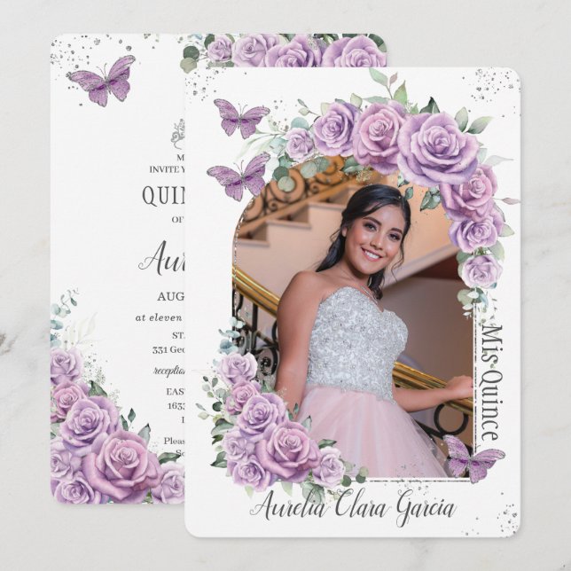Quinceañera Purple Floral Roses Butterflies Photo Invitation (Front/Back)
