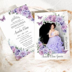 Quinceañera Purple Floral Roses Butterflies Photo  Invitation