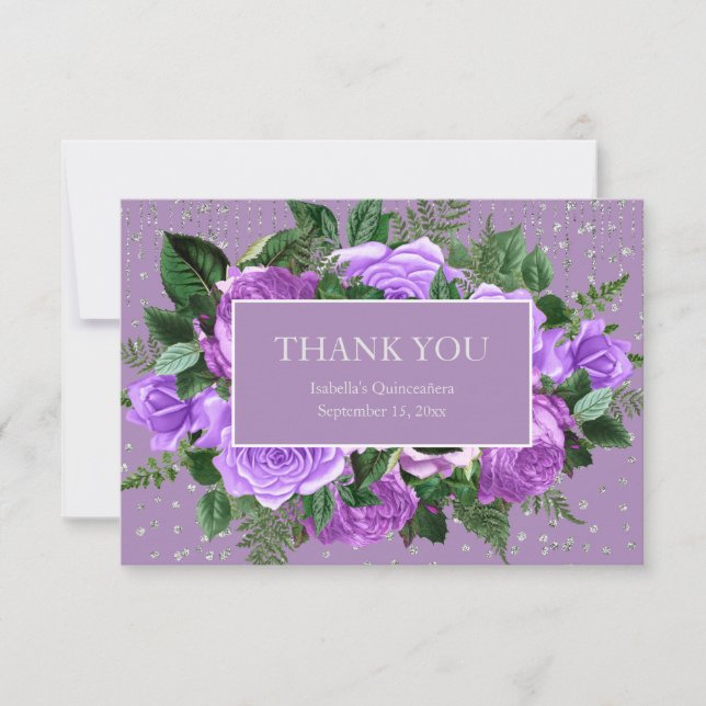 Quinceañera Purple Floral Silver Glitter Thank You (Front)
