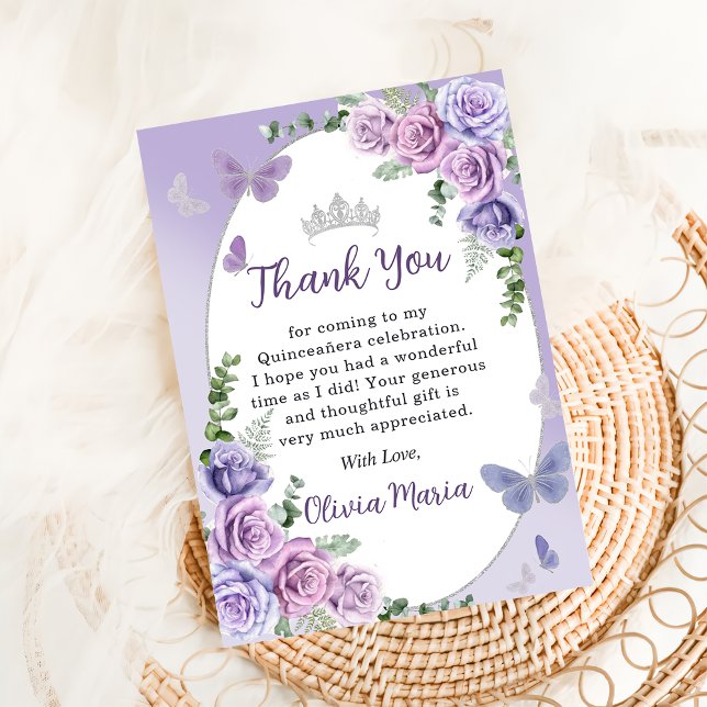 Quinceañera Purple Floral Tiara Thank You Card (Creator Uploaded)