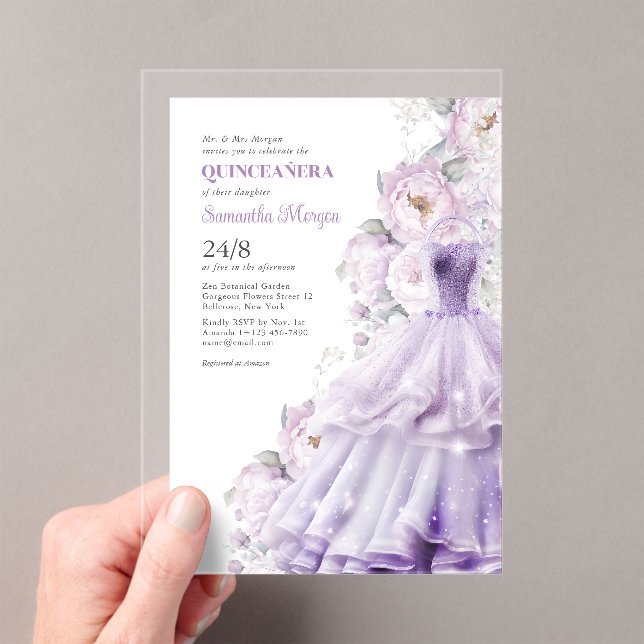 Quinceanera Purple Flowers Formal Ball Dress Acrylic Invitations (Insitu (Handheld))