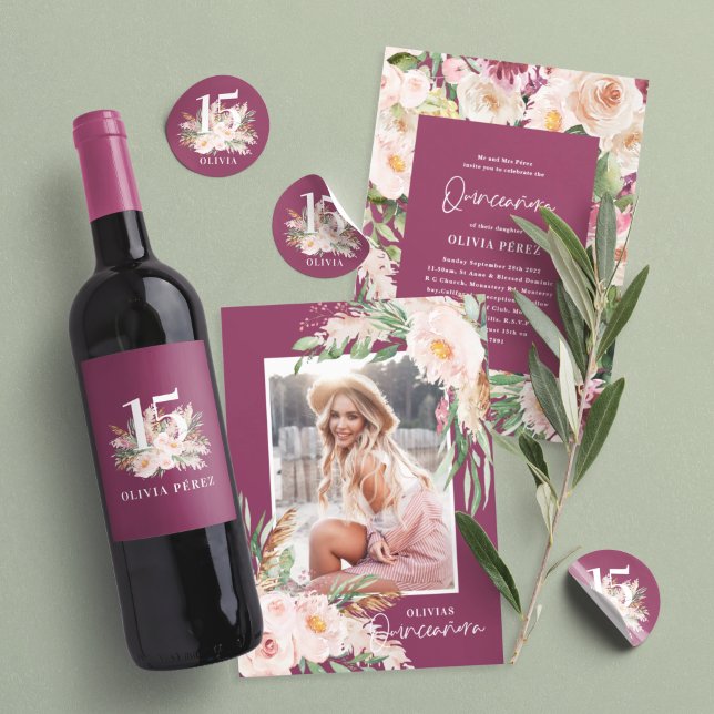 Quinceañera purple girly floral photo birthday invitation (Creator Uploaded)